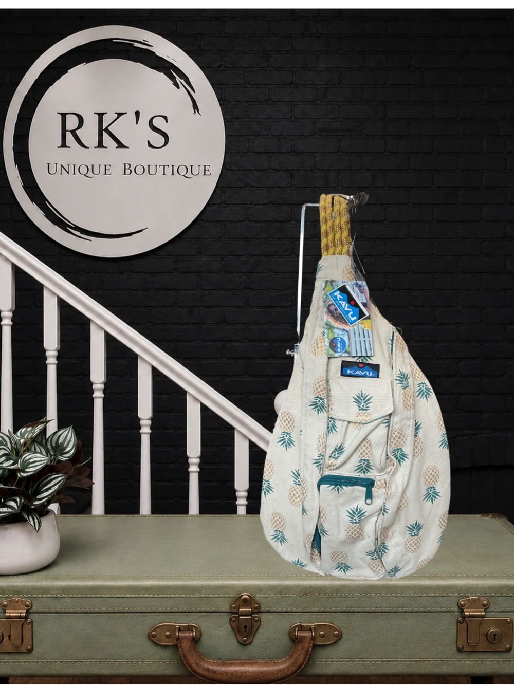 Kavu Cream Sling Bag with Teal Pineapple Print